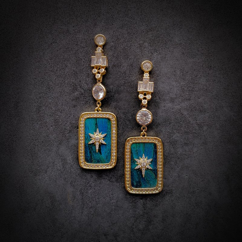 【手作】孔雀羽毛点翠工艺锆石耳钉 可改耳夹——星熠 - 耳环/耳夹 - 铜/黄铜 