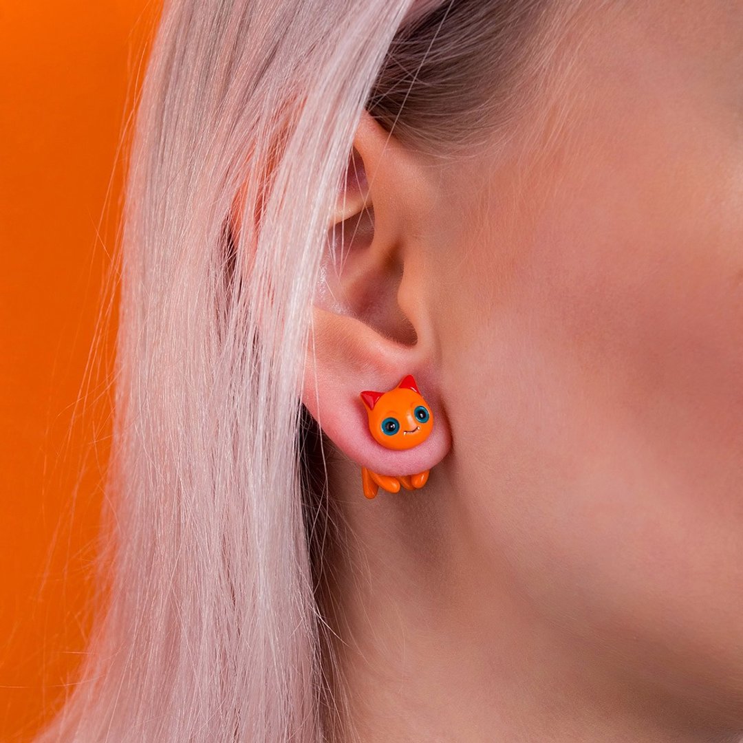 Fire Cat Earrings - Polymer Clay Cat Earrinngs, Fake Gauge / Fake Plug - 耳环/耳夹 - 粘土 橘色