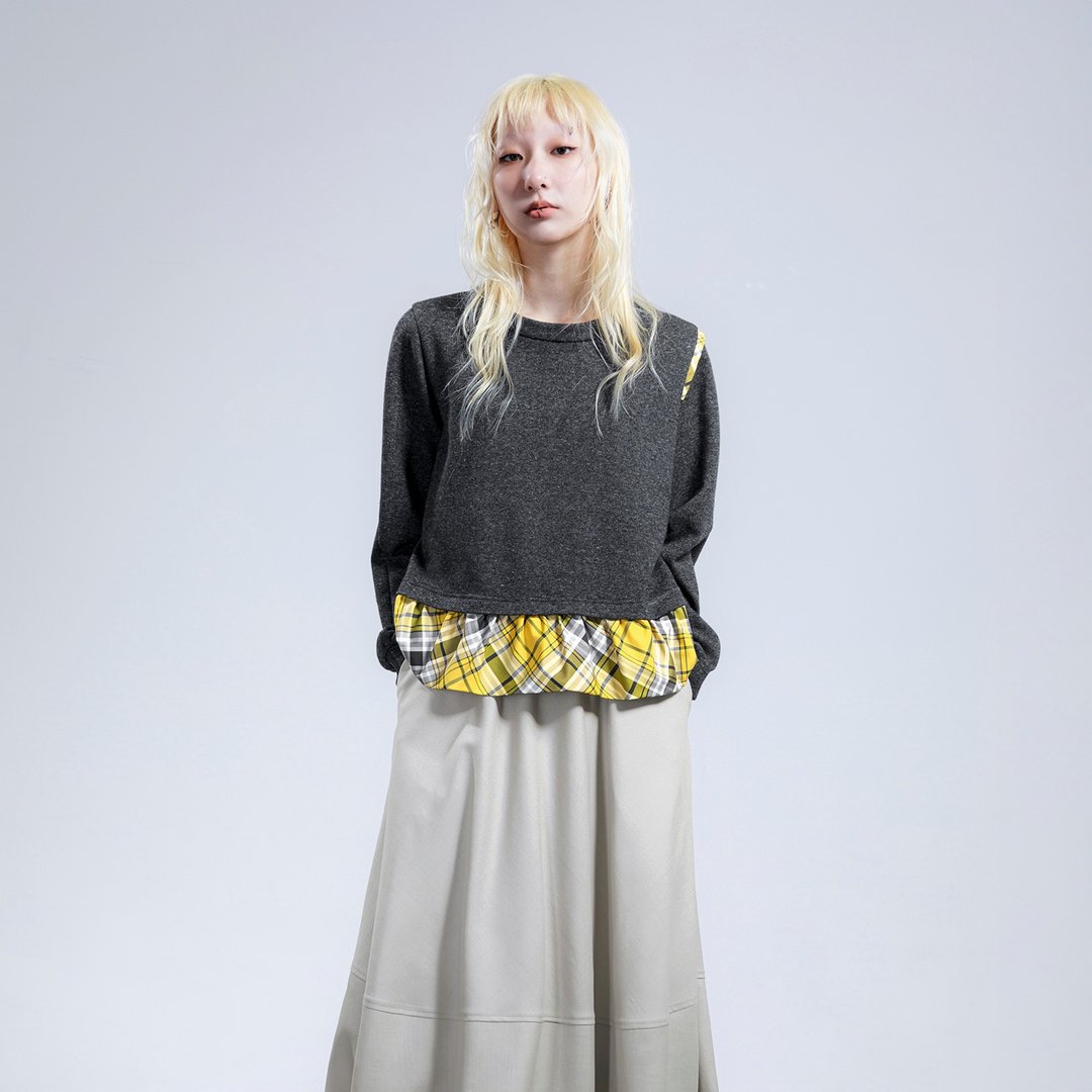 圆领格纹下摆拼接上衣 - 女装上衣 - 其他材质 灰色