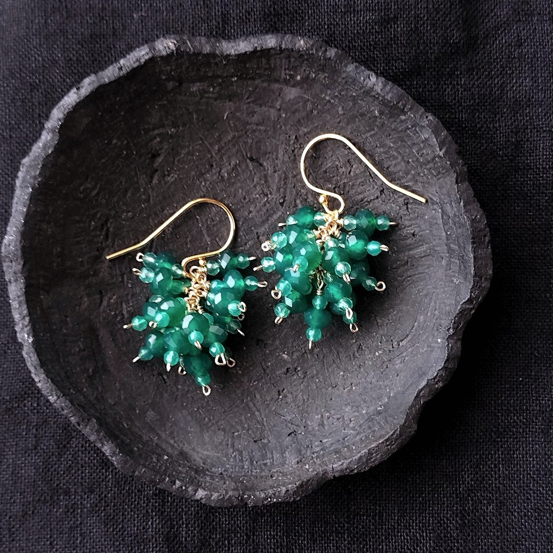【K14gf】Green Onyx Earrings 绿玛瑙 流苏耳针 - 耳环/耳夹 - 宝石 绿色