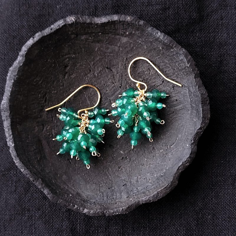【K14gf】Green Onyx Earrings 绿玛瑙 流苏耳针 - 耳环/耳夹 - 宝石 绿色