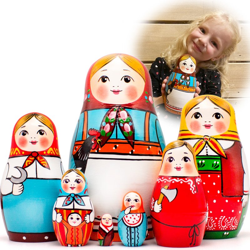 Russian Nesting Dolls in Slavic Dress with Rooster - Handmade Folk Art Dolls - 玩具/玩偶 - 木头 多色