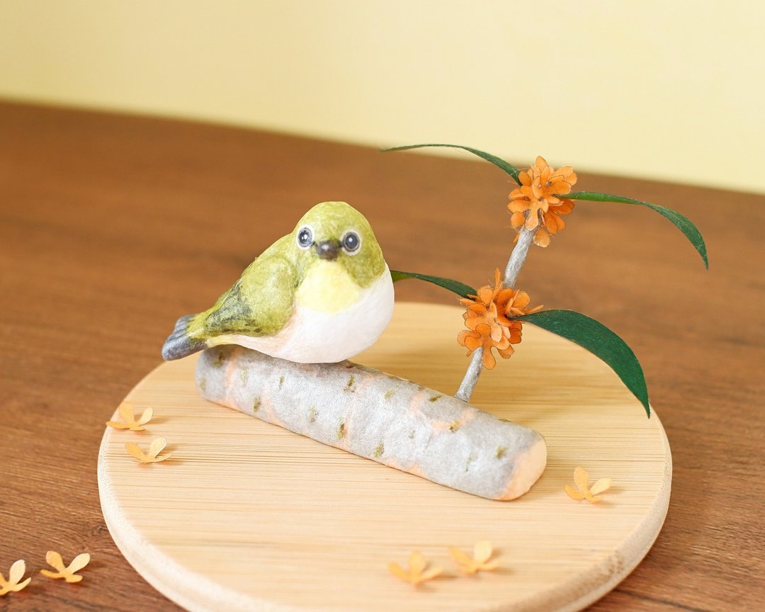 日本纸内装 - 白眼和桂花 - 栖息在季节性树枝上的野鸟系列 - 摆饰 - 纸 绿色