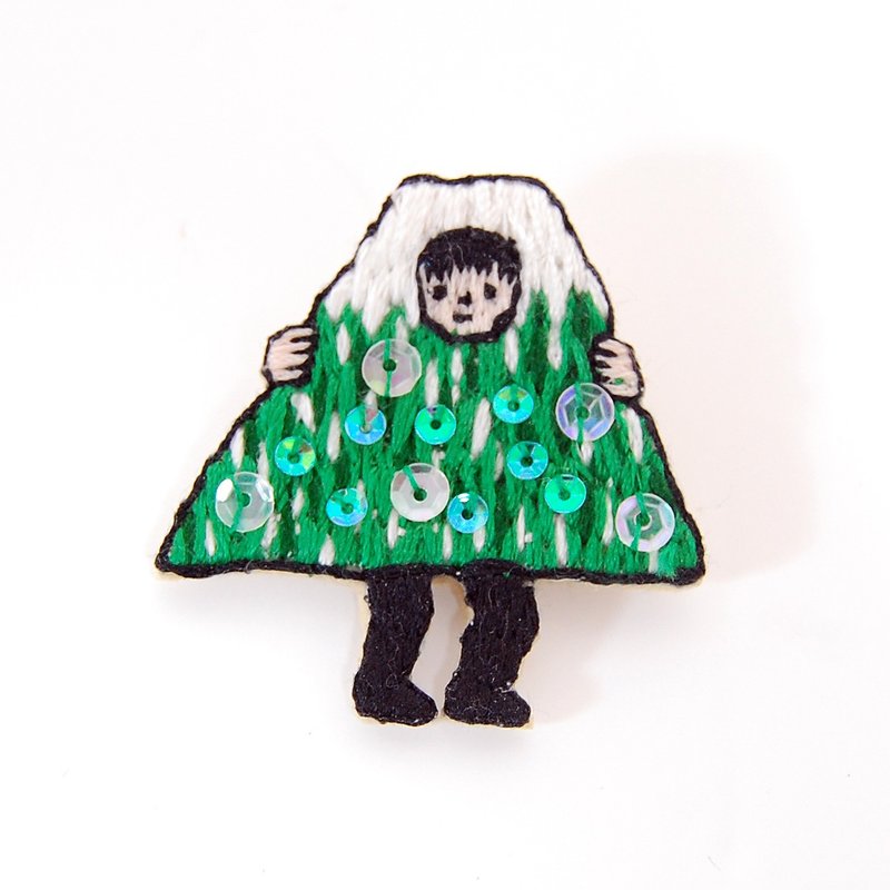 Fuji embroidery brooch [green] - 胸针 - 绣线 绿色