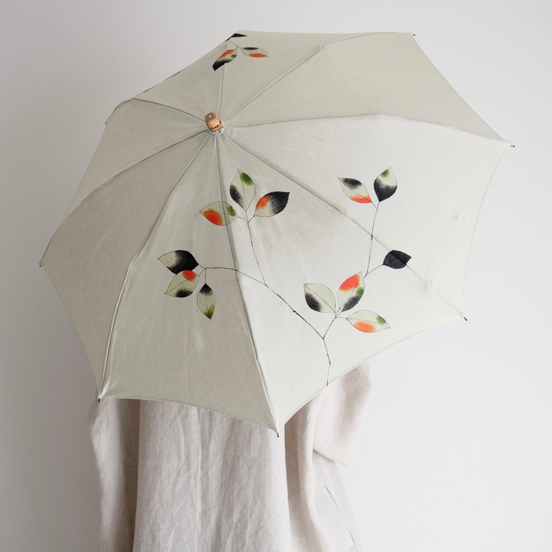 Hand-painted parasol/bright grass color/leaf - 雨伞/雨衣 - 棉 绿色