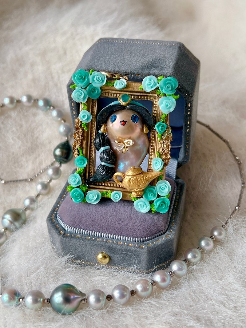 天然巴洛克极光珍珠 茉莉公主黏土画框吊坠胸针 - 胸针 - 珍珠 