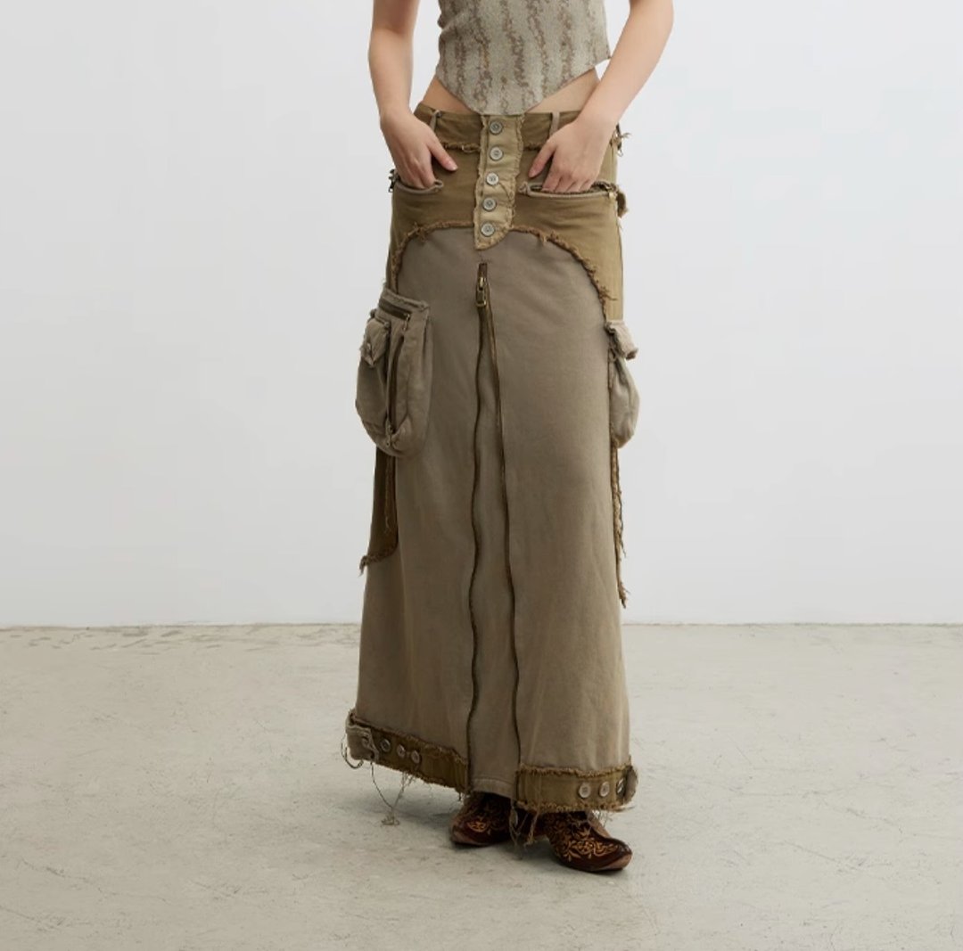 Vintage Cargo Skirt 复古水洗毛边工装半裙 - 裙子 - 其他材质 绿色