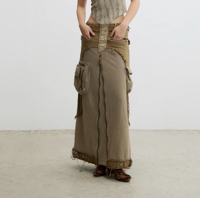 Vintage Cargo Skirt 复古水洗毛边工装半裙 - 裙子 - 其他材质 绿色