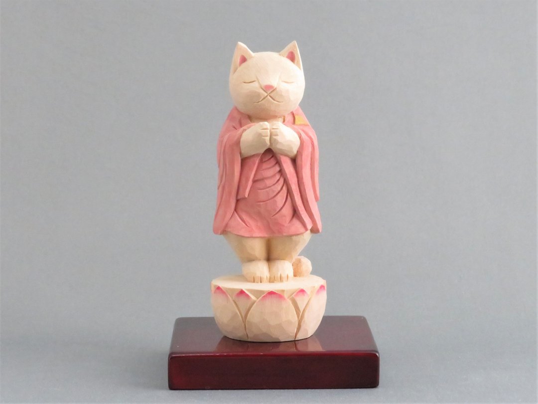 Wood carving Cat Buddha 1914 - 玩偶/公仔 - 木头 粉红色