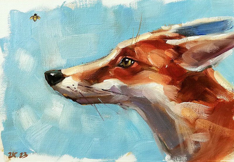 Fox~Bee Oil Painting Original Forest Animal Art MADE TO ORDER - 海报/装饰画/版画 - 其他材质 多色