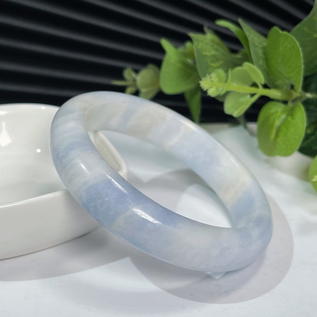 玉化浅蓝白方解石手镯59MM 透感星光碳酸钙手环 清凉夏日沁人心脾 - 手链/手环 - 半宝石 