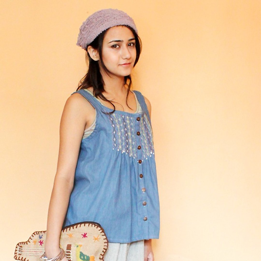 ☆ Hammock ☆ 彡 Tyrolean Handmade Denim Vest - 女装背心 - 棉 蓝色