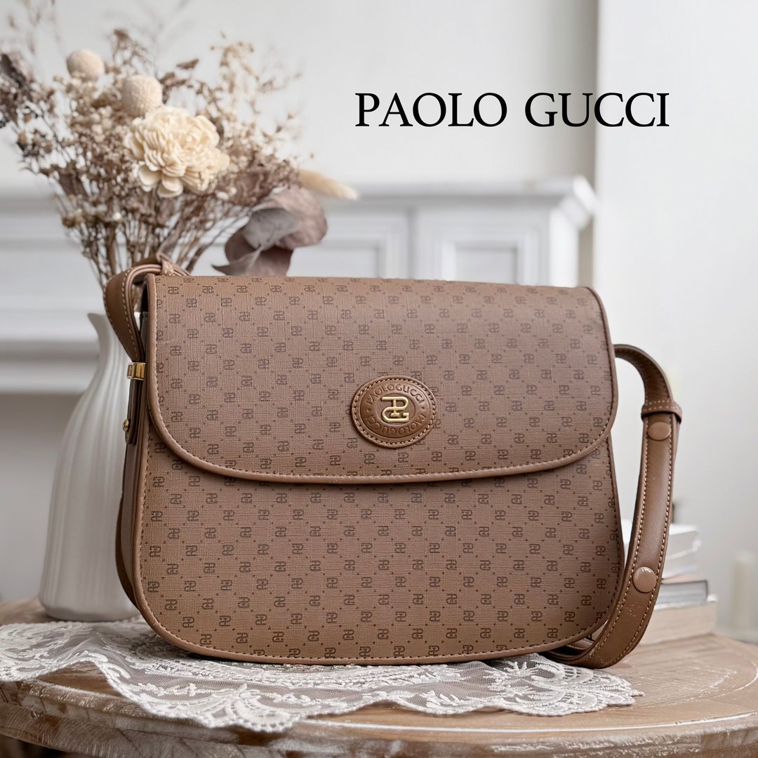 稀有美品 PAOLO GUCCI 80S 古董满版Logo原色真皮翻盖肩背包 - 侧背包/斜挎包 - 真皮 卡其色