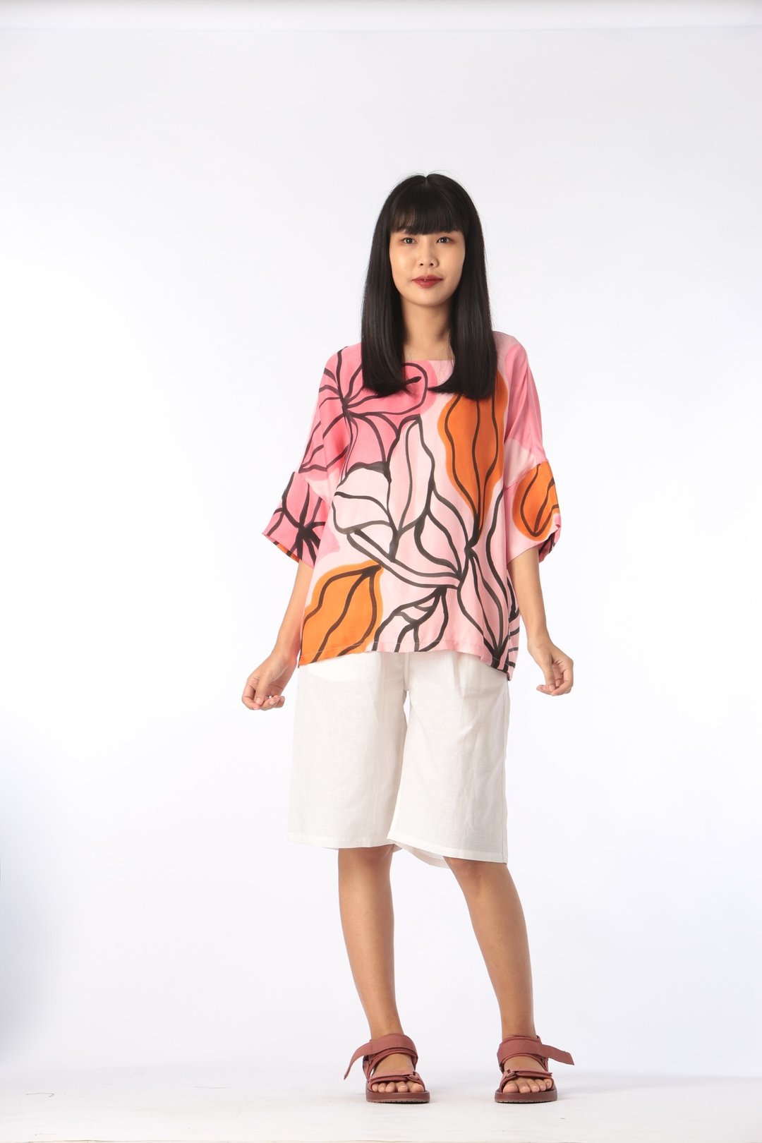 抽象和服罩衫 丝绸缎面料 适合夏季海滩度假 - 女装上衣 - 丝．绢 粉红色