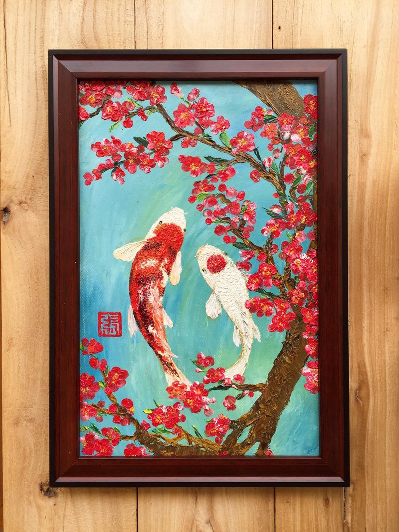【春日赏鲤】原作厚涂油画。春季梅花鱼塘。中式鲤鱼图。 - 海报/装饰画/版画 - 棉．麻 