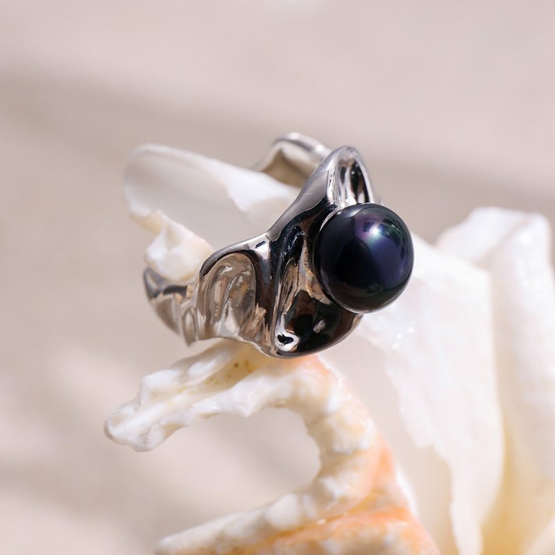 8-9mm 黑色淡水珍珠开口戒指 银色不规则纹路戒指 S365 - 戒指 - 珍珠 黑色