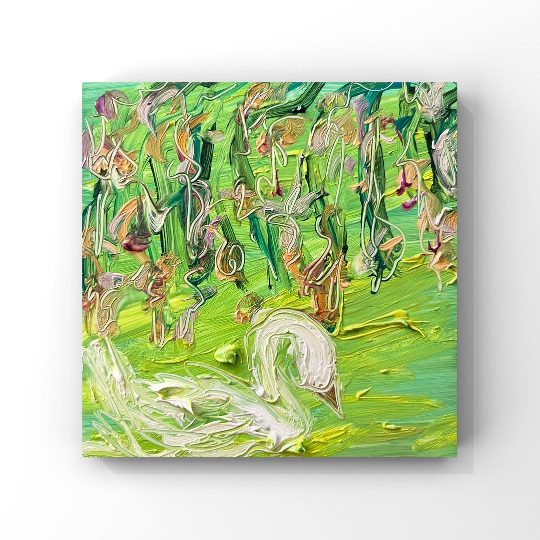 野花间的优雅天鹅 4x4 寸微型油画，纹理丰富 - 海报/装饰画/版画 - 其他材质 多色