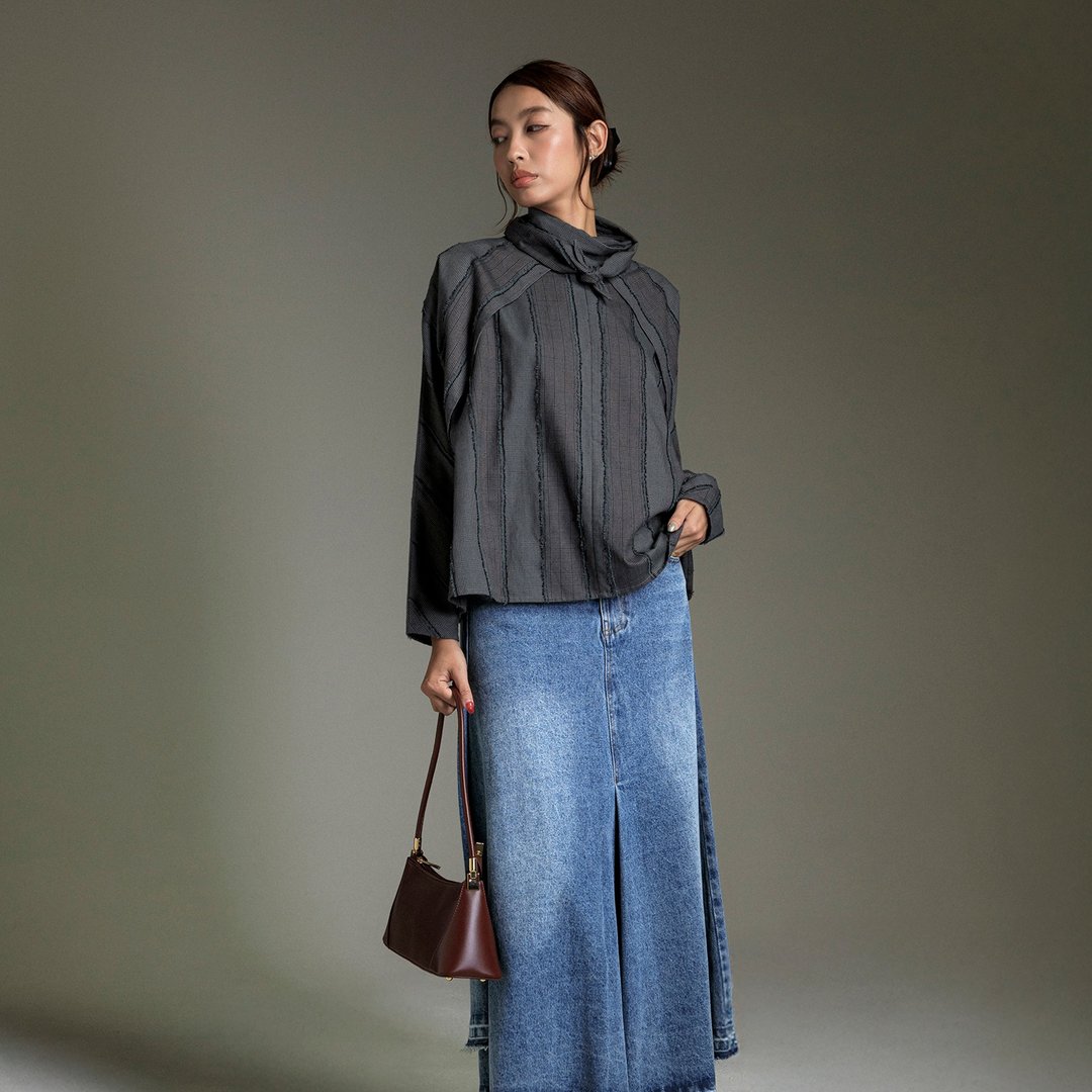 立体格纹立领绑结上衣 - 女装上衣 - 其他材质 灰色
