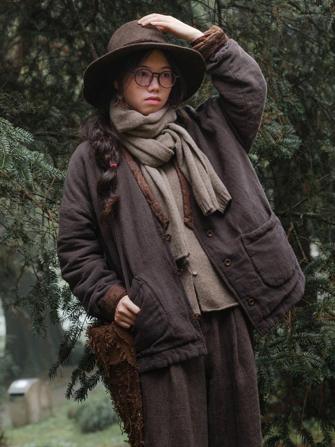 雪松咖色 復古百搭寬松外套 亞麻有機棉棉麻棉服 - 女装休闲/机能外套 - 羊毛 咖啡色