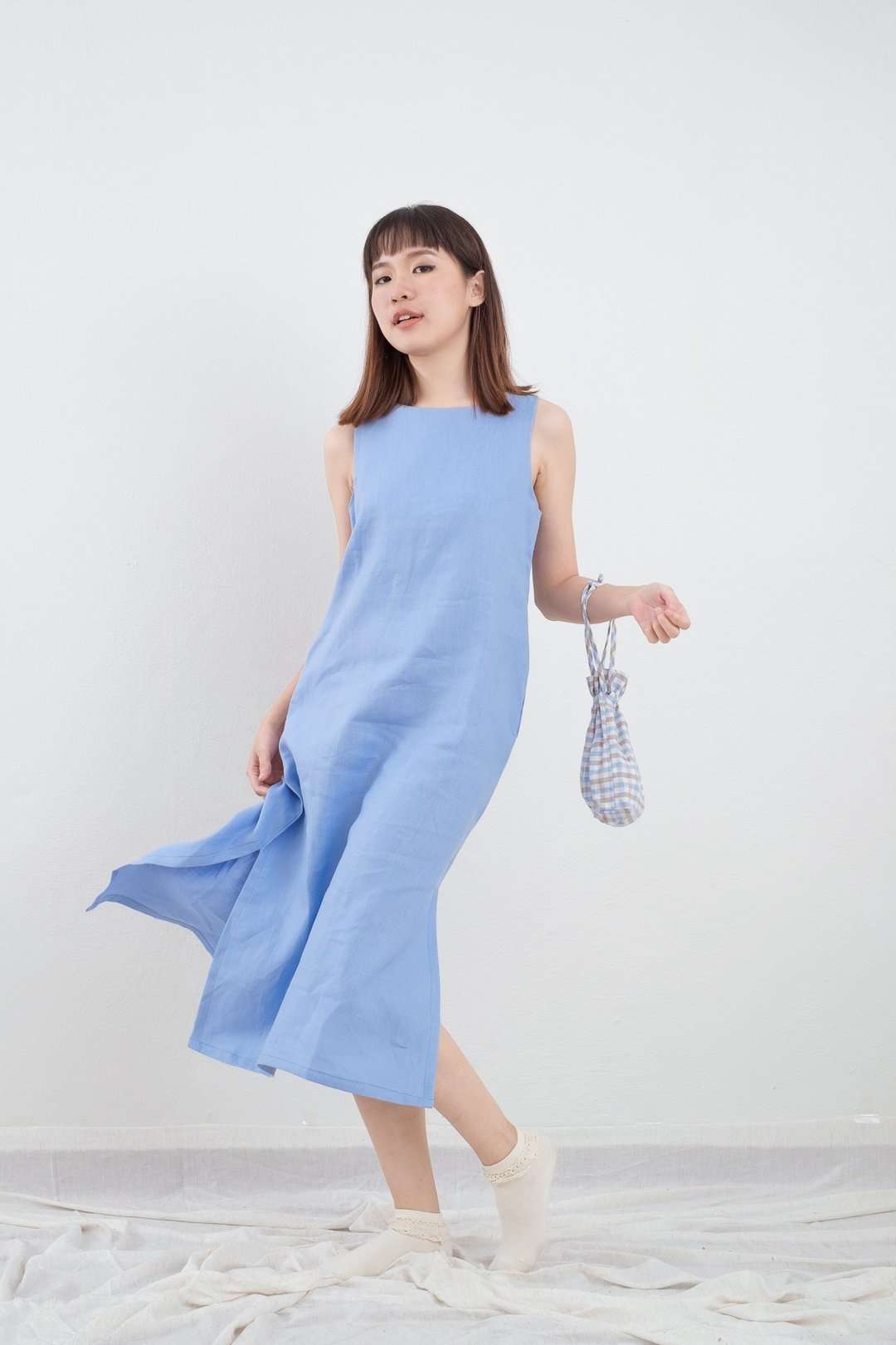 Milky Blue Big Bow Linen Dress - 洋装/连衣裙 - 亚麻 蓝色