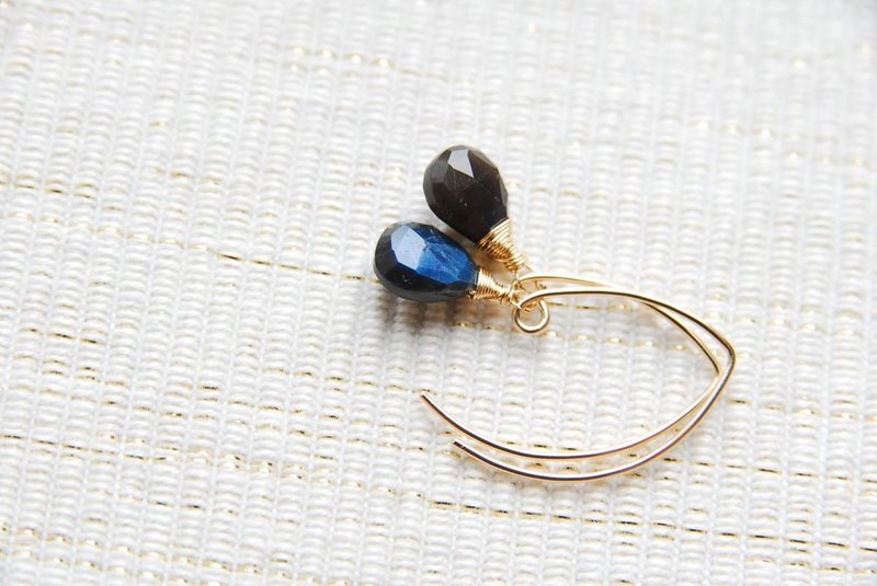 Black labradorite of Marquis hook earrings (14 gold gf) - 耳环/耳夹 - 宝石 黑色