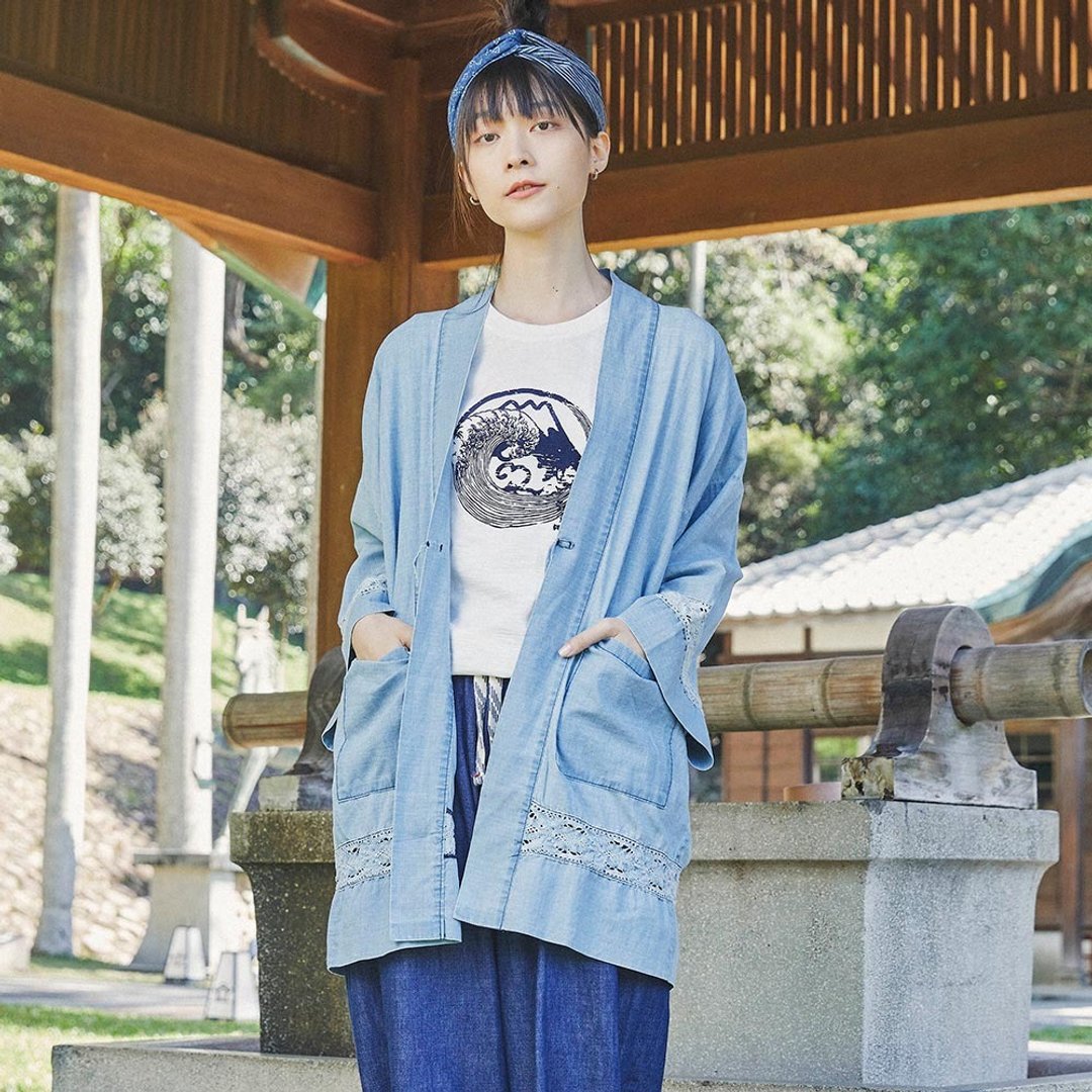 江户胜 日系 女装 拼接蕾丝罩衫外套(拔浅蓝) #上衣 - 女装休闲/机能外套 - 棉 蓝色