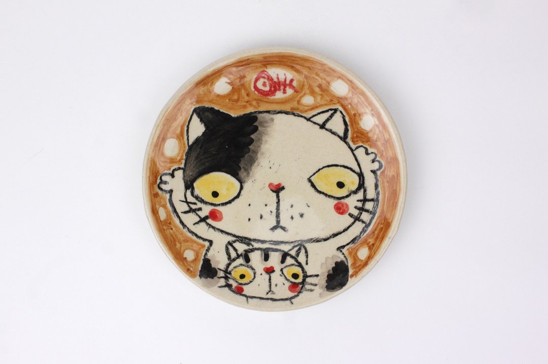 Nice Little Clay 手工彩绘小碟 两只小花猫 0304-39 - 浅碟/小碟子 - 陶 白色