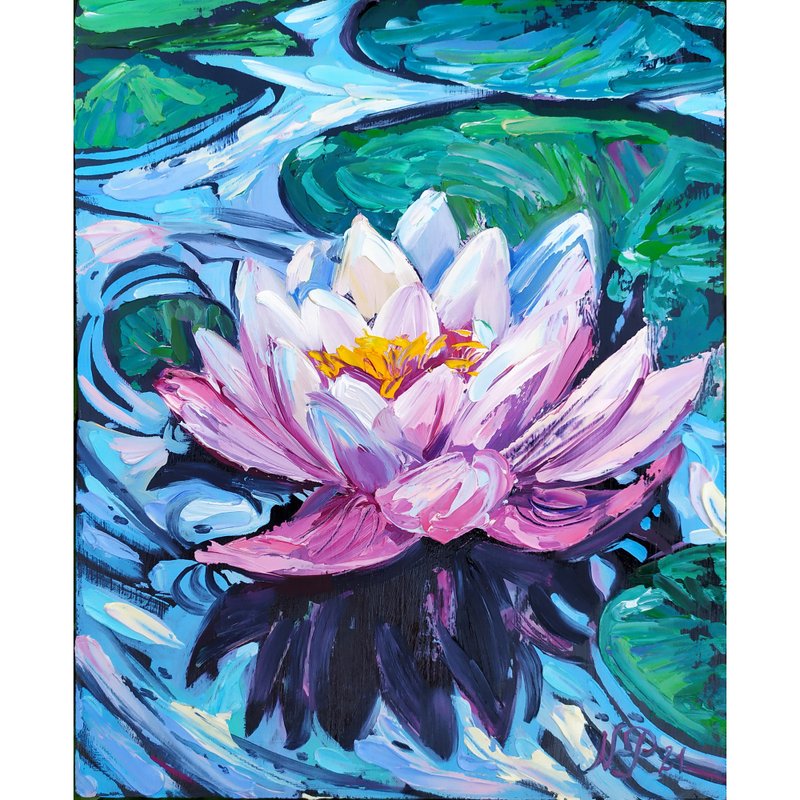 Water Lily painting Lotus Original Art Floral Artwork impasto oil painting - 海报/装饰画/版画 - 其他金属 多色