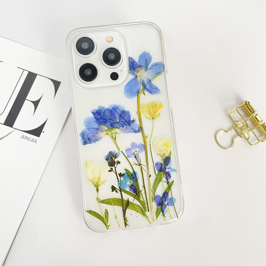冰蓝色花园手作押花手机壳 适用于iPhone 16 Pro Max Samsung S25 - 手机壳/手机套 - 植物．花 