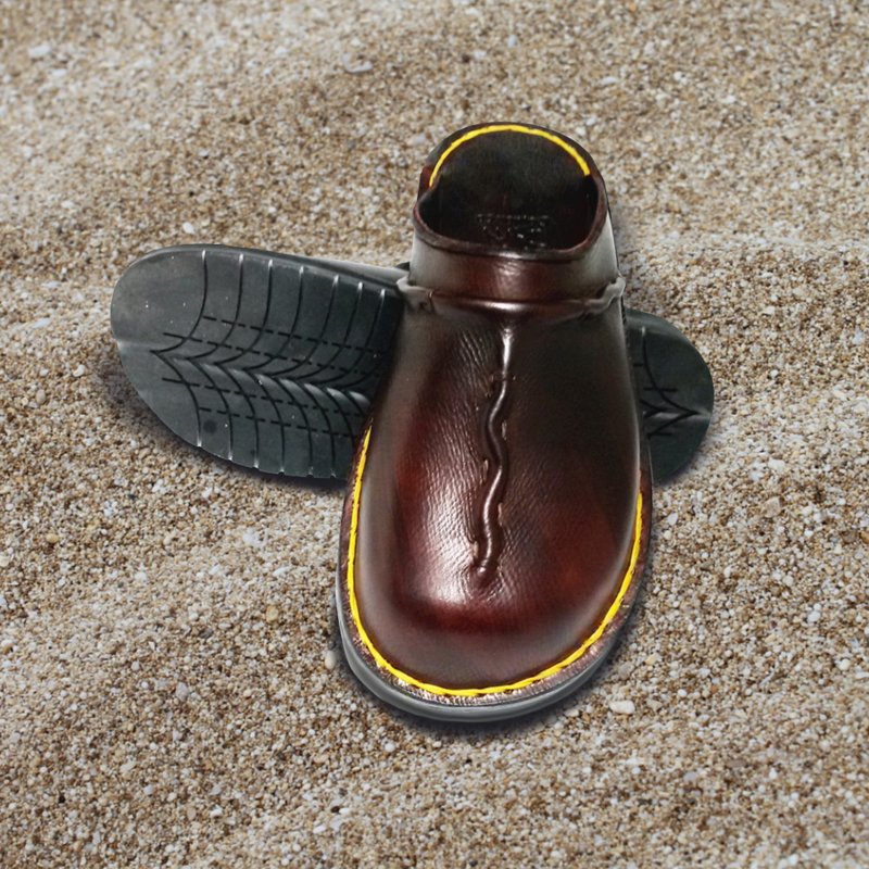 Handmade Black Leather Clog, Handmade Shoe, Hand Stitch with Black Thread - 男款皮鞋 - 真皮 咖啡色