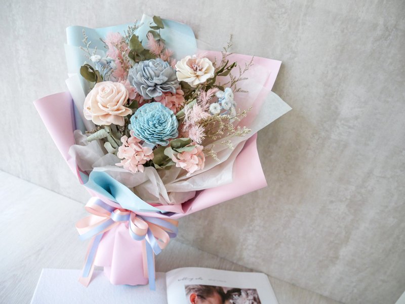 中型干燥花束【宁静粉蓝】生日花束/结婚登记/告白/毕业花束/七夕 - 干燥花/捧花 - 植物．花 粉红色