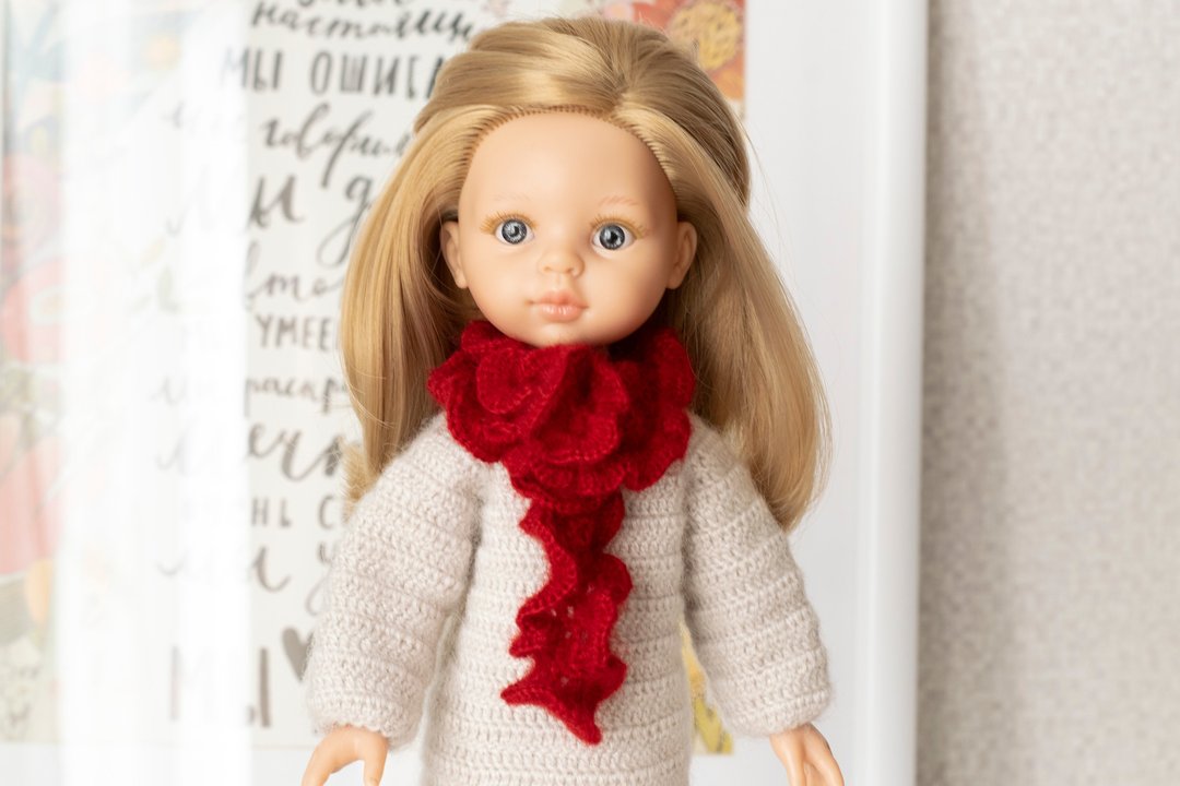 Openwork scarf for dolls, doll clothes, 娃娃衣服 针织围巾 给我女儿的礼物 人形 娃娃配件 娃娃 冬季服装 - 玩具/玩偶 - 羊毛 红色