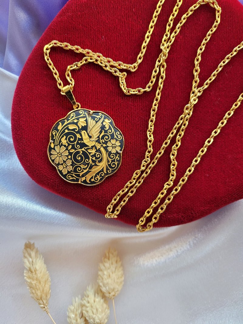 美国西洋古董饰品 /西班牙大马士革工艺爱情鸟花项链Damascening - 长链 - 其他金属 