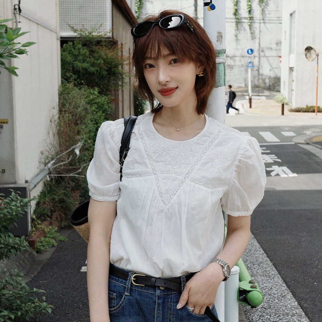 圆领绣花小衫 | 衬衫 | 两色 | 夏款|Sora-2110 - 女装衬衫 - 棉 多色