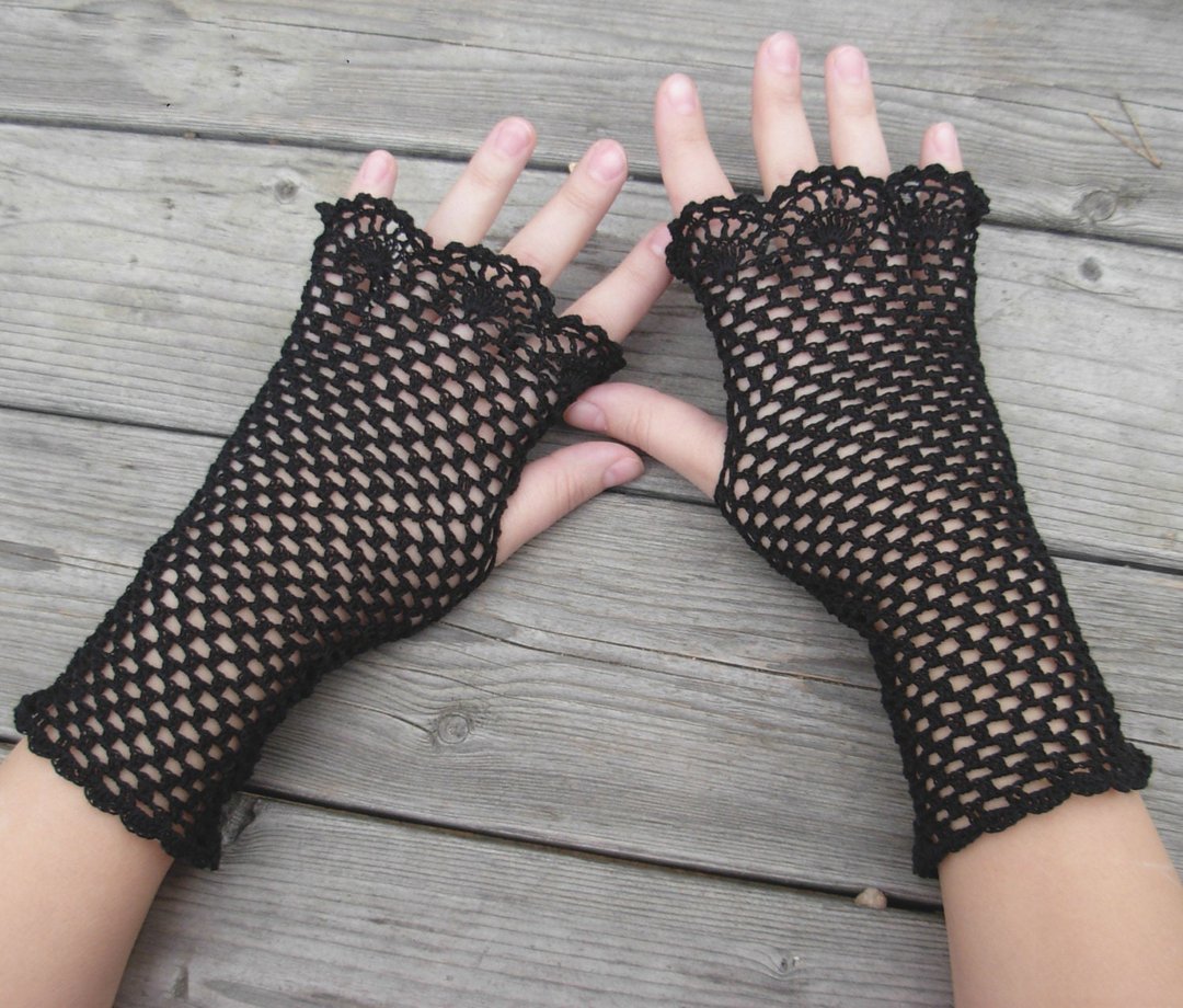 Crochet fingerless cotton black gloves, lace gloves crochet mittens, boho gloves - 手套 - 棉 黑色