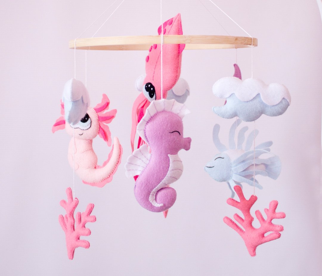 Ocean baby mobile girl nursery, Crib mobile, Under the sea baby shower gift - 玩具/玩偶 - 环保材料 粉红色