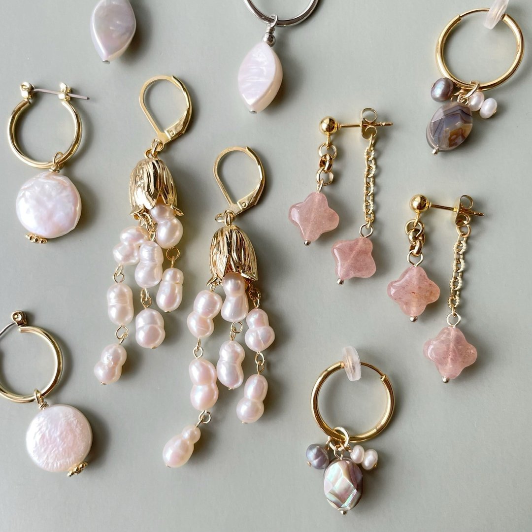 [Special set] Pierce or Clip-On 3-piece set - 耳环/耳夹 - 珍珠 金色