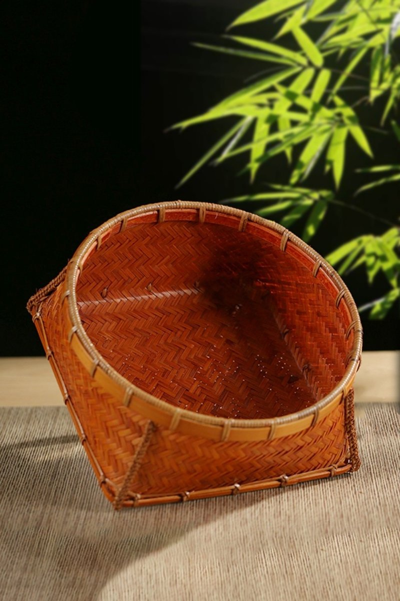 竹编系列 | 精编烤色 天圆地方篮 | 糖果点心盘  茶具收纳 | 传统 - 置物架/篮子 - 竹 橘色