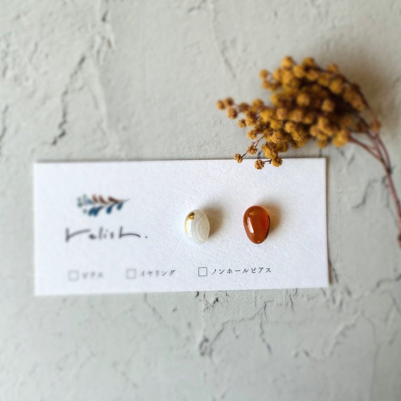 【转售】白x橙玛瑙金继线耳针夹式小号简约橘金金白色 - 耳环/耳夹 - 石头 橘色