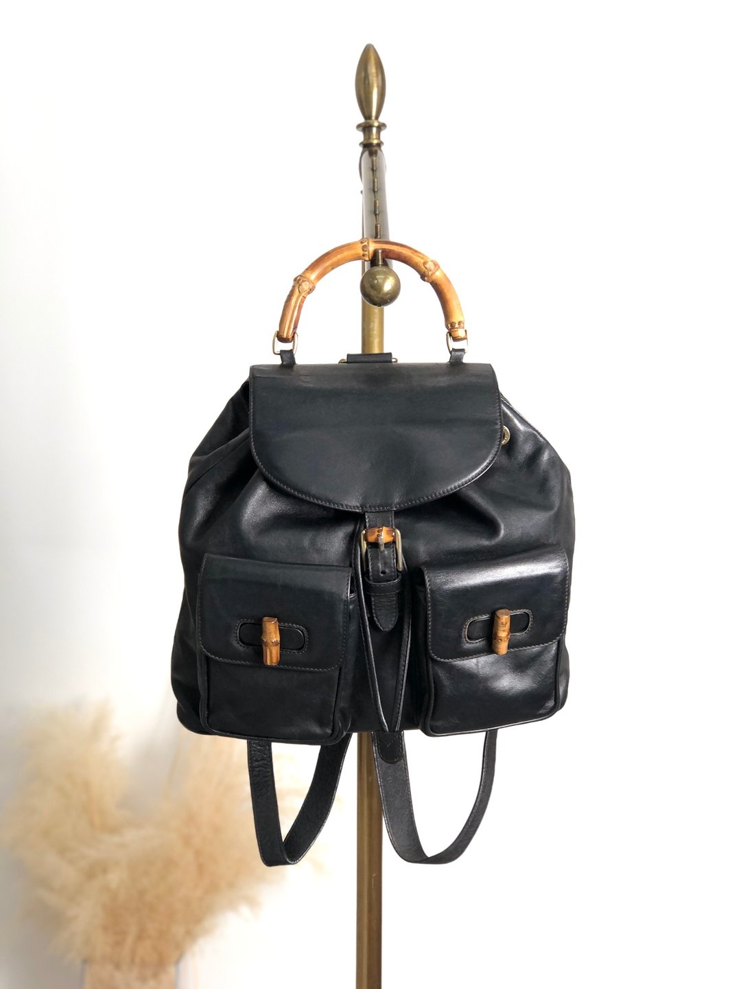 【日本直送 名牌中古包】GUCCI 古驰 经典竹节皮革双口袋后背包 黑色 vintage thtsm7 - 后背包/双肩包 - 真皮 黑色