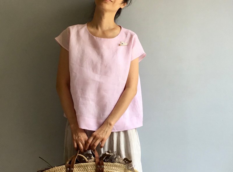 小花瓣/清新粉红色亚麻法式袖圆领小上衣100%亚麻 - 女装背心 - 棉．麻 粉红色