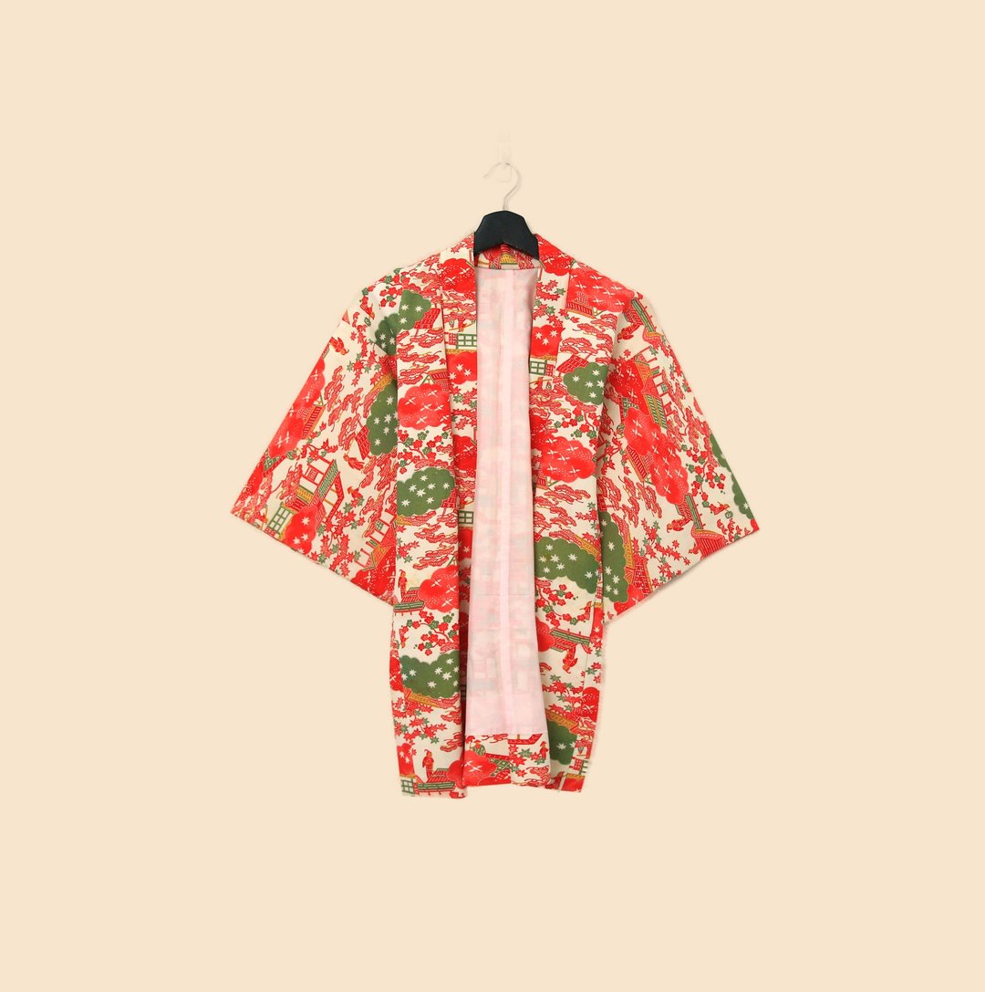 Back to Green-日本带回羽织 鲜艳满版城镇kb-52/vintage kimono - 女装休闲/机能外套 - 丝．绢 