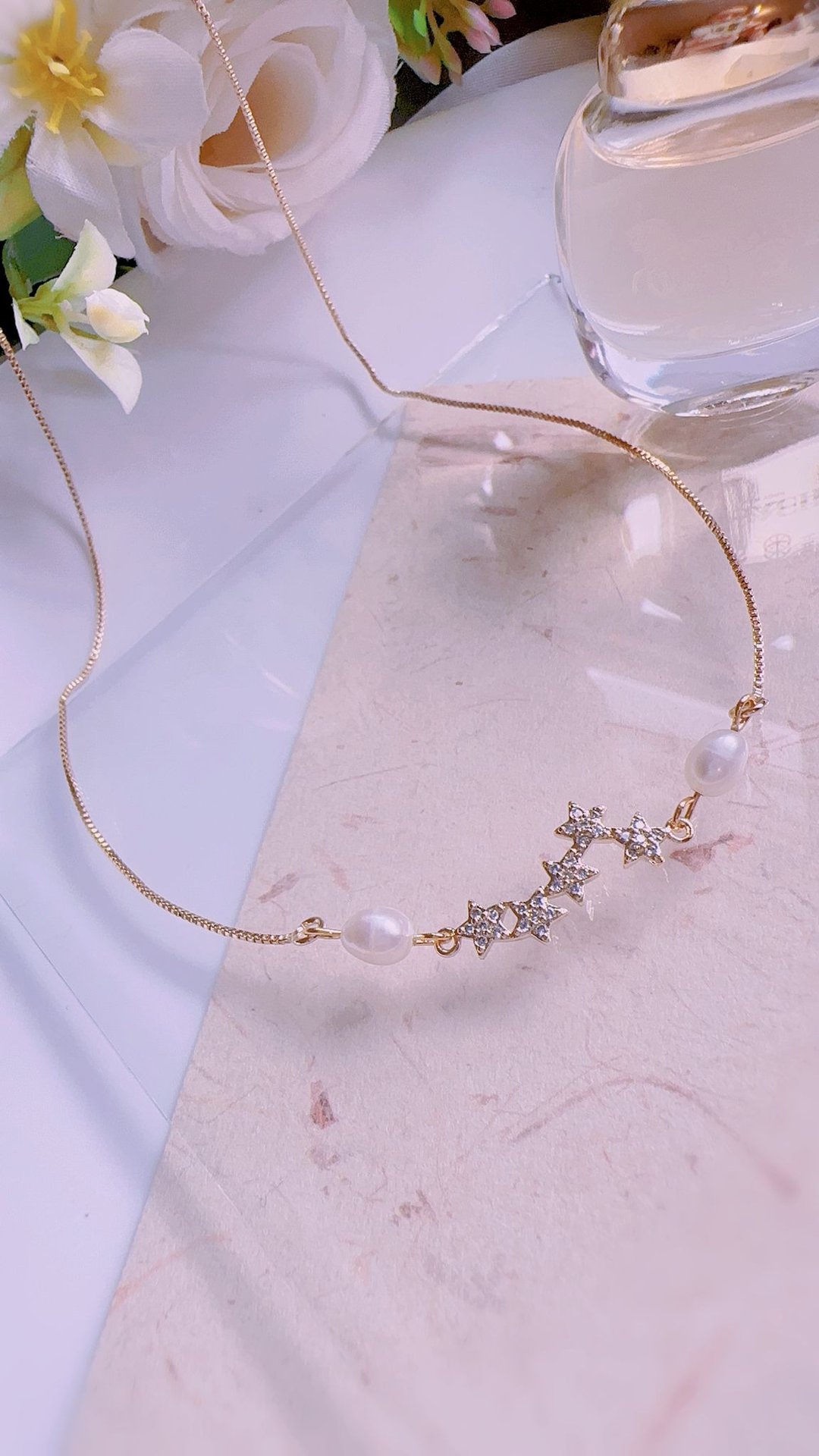 Sparkly Star White Freshwater Pearl Gold Necklace|珍珠金项链 - 项链 - 珍珠 金色
