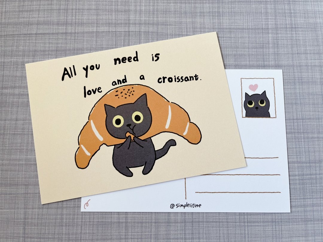 猫猫 simple & 牛角面包明信片 - 卡片/明信片 - 纸 多色