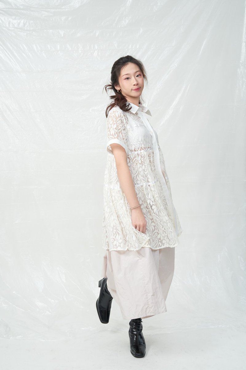 午后微光蕾丝短袖衬衫 清纯白 轻婚纱 - 女装衬衫 - 聚酯纤维 白色