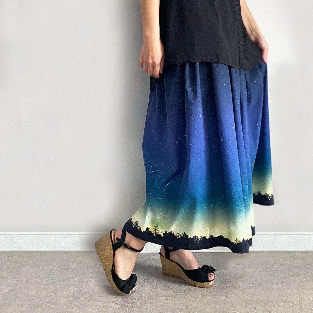 Meteor pattern gathered skirt to decorate the night sky / fashion star stardust - 裙子 - 棉．麻 蓝色