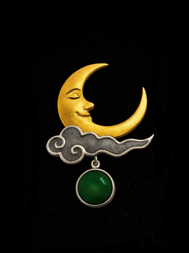月神 玉 胸针 夹式 天然碧玉 12mm 圆片 A 货 925 纯银 饰品 礼 - 胸针 - 玉石 绿色