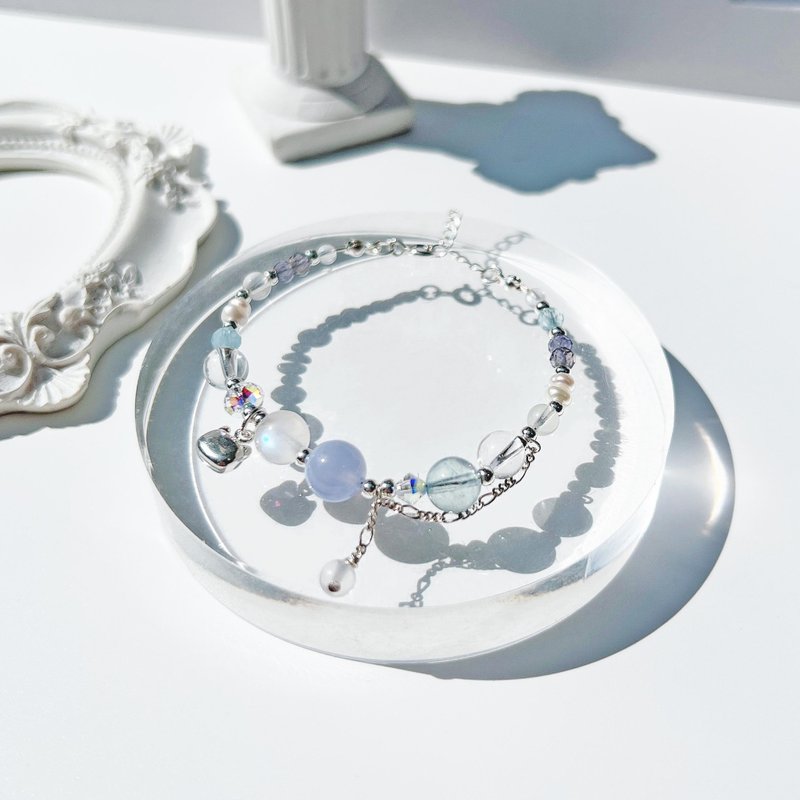 蓝纹玛瑙 月光石 海蓝宝 白水晶 堇青石 S925纯银 天然水晶手链 - 手链/手环 - 水晶 多色