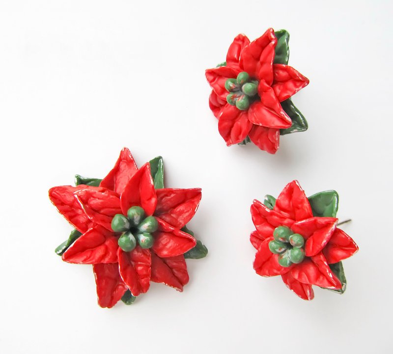 Poinsettia flower jewelry Poinsettia earrings Poinsettia pendant Red flower stud - 锁骨链 - 粘土 红色
