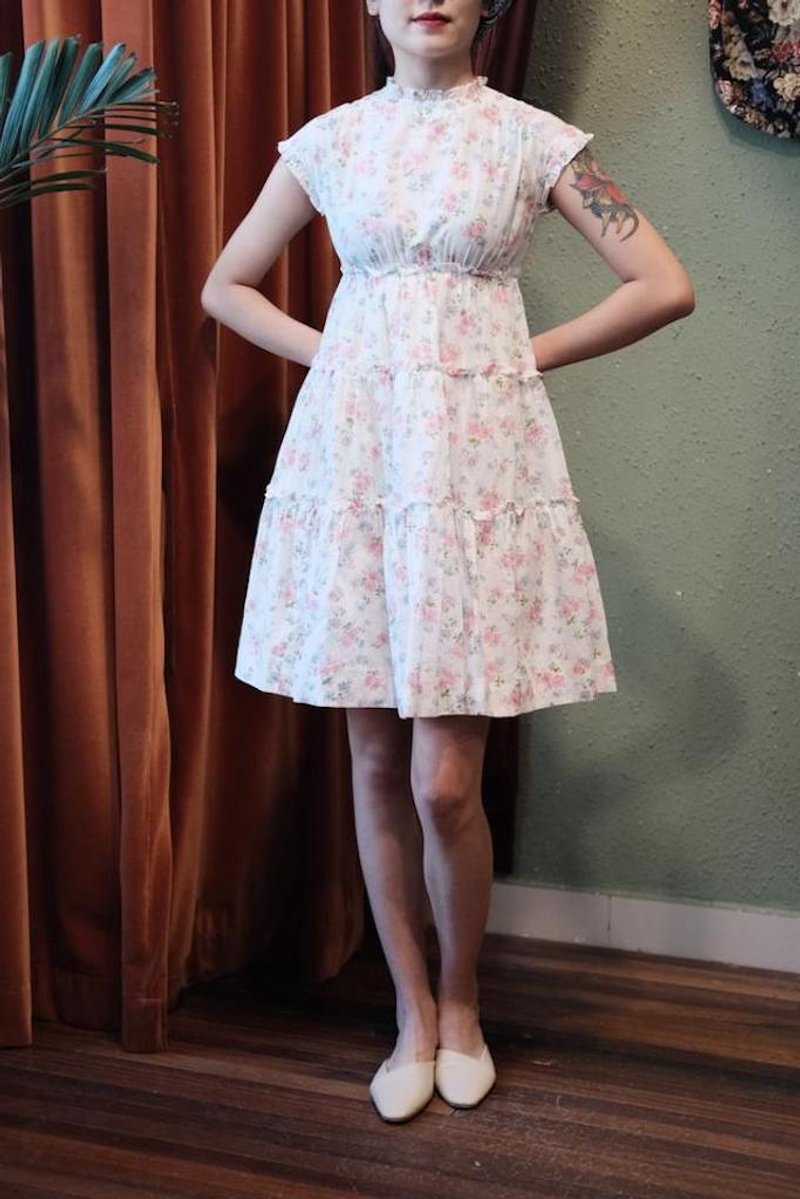 vintage dress大童木耳边褶皱印花连衣裙古着洋装 - 洋装/连衣裙 - 棉．麻 